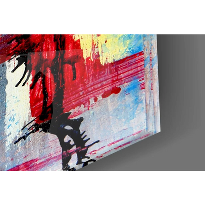 Bold red, black, blue floral bursts on textured white glass wall art