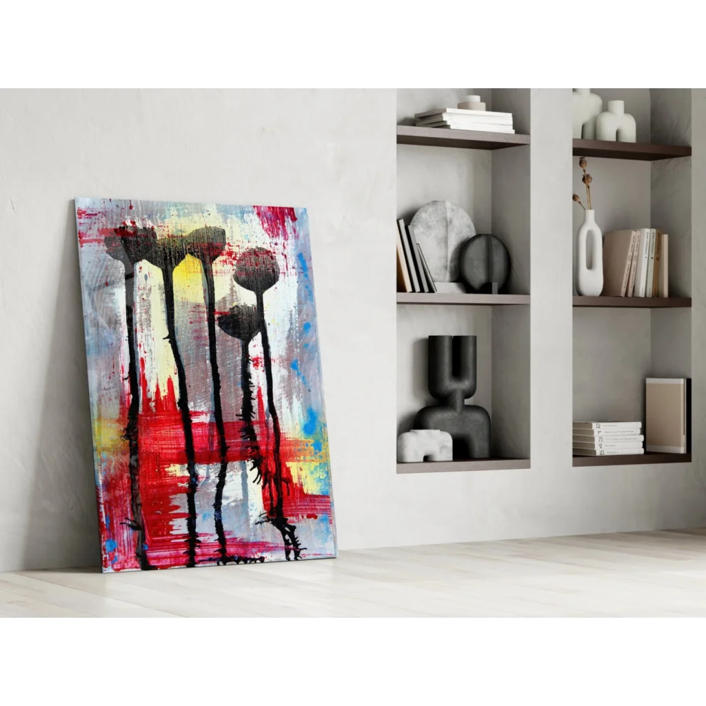 Vibrant bold floral glass wall art with black silhouettes and color bursts