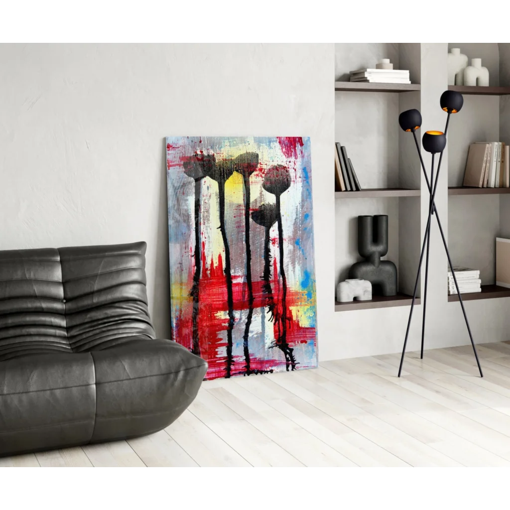 Vibrant bold floral glass wall art with red, black, yellow bursts on gray