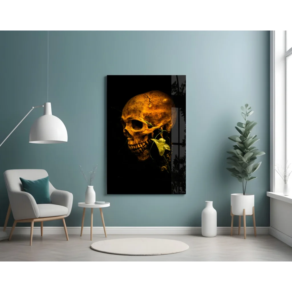 Golden Skull Glass Wall Art with Botanical Accents | Contemporary Home Wall Art | vintageantiquesgifts.com
