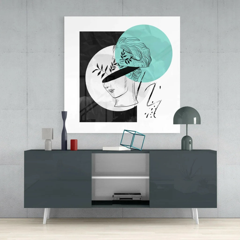 Stunning teal abstract profile wall art print with black line art on circular teal and white backgrounds