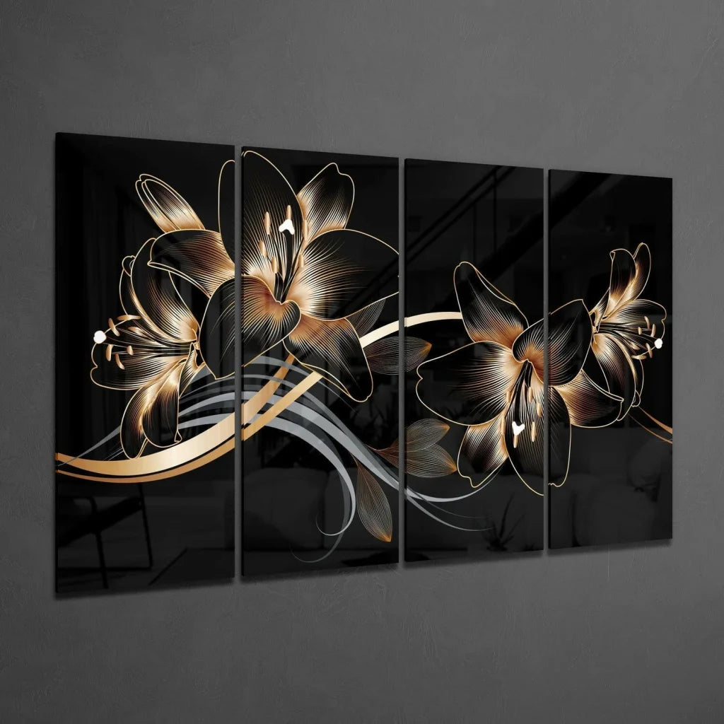 Stunning Black Gold Lily Glass Wall Art Canvas Set | Glass Wall Art Print | vintageantiquesgifts.com