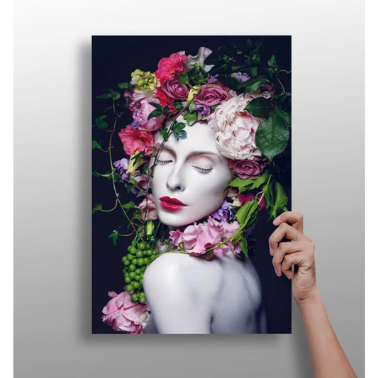 Vibrant floral portrait on insigne aluminum prints: woman with rose crown