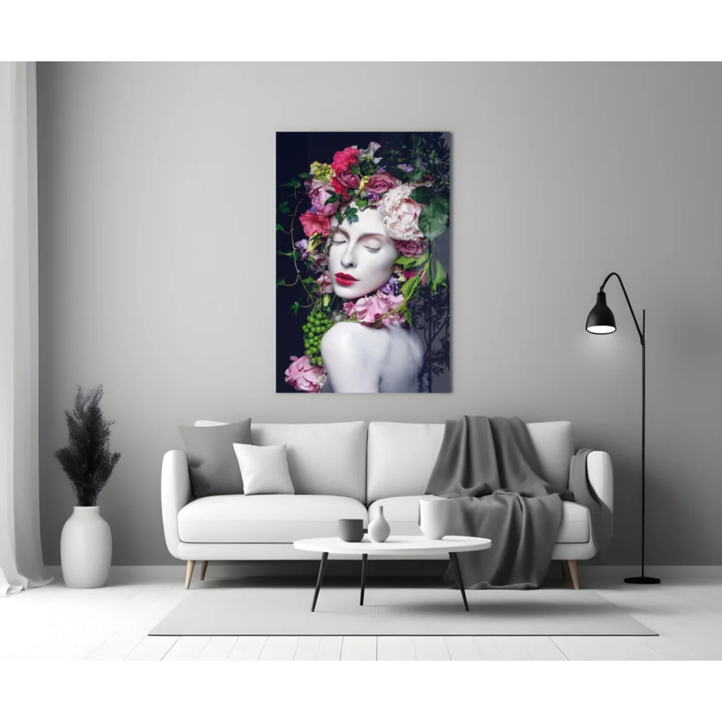 Floral Crown Beauty Glass Wall Art Print | Modern Wall Art Decor | vintageantiquesgifts.com