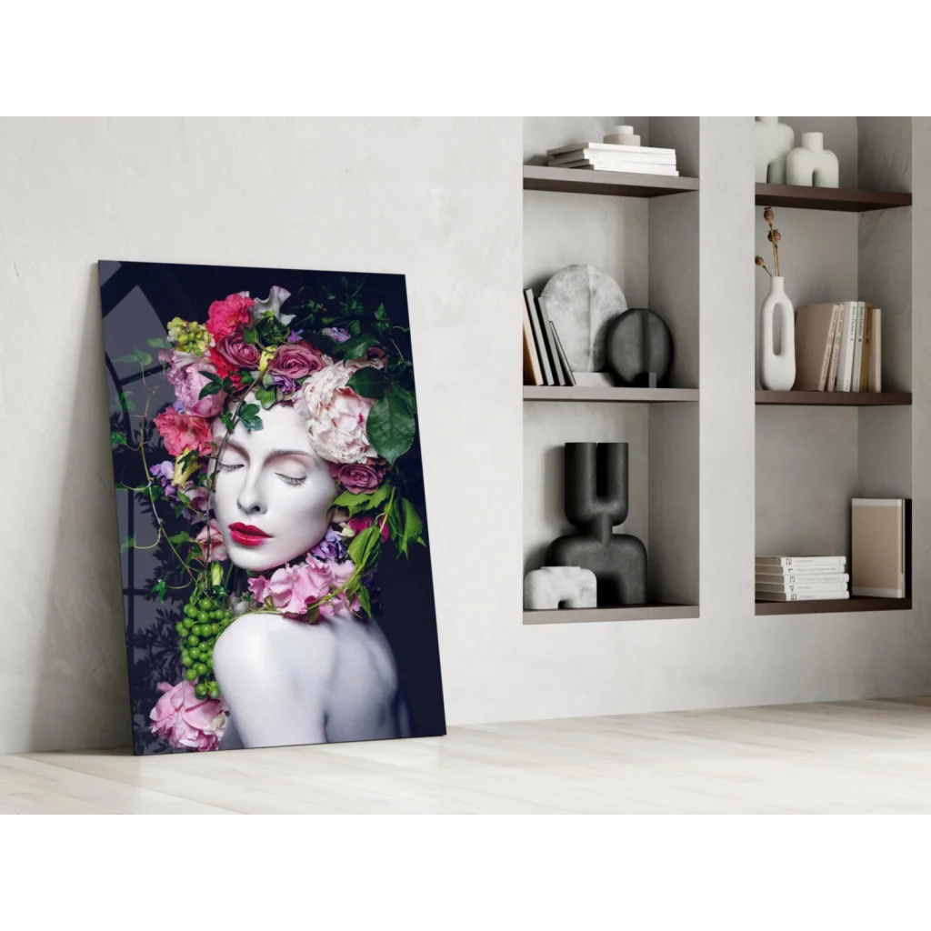 Vibrant floral crown beauty on glass wall art print