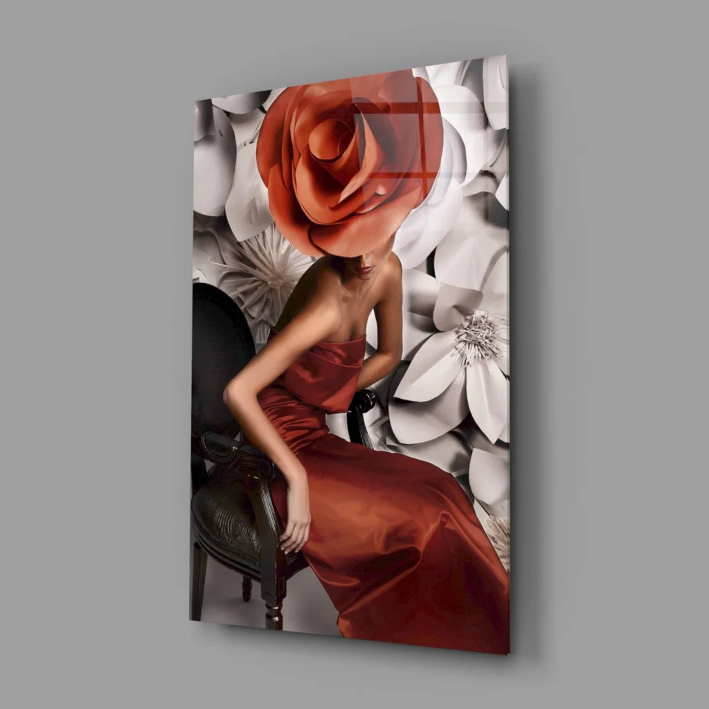 Stunning Red Rose Lady Glass Wall Art Canvas Print | Glass Wall Art Print | vintageantiquesgifts.com