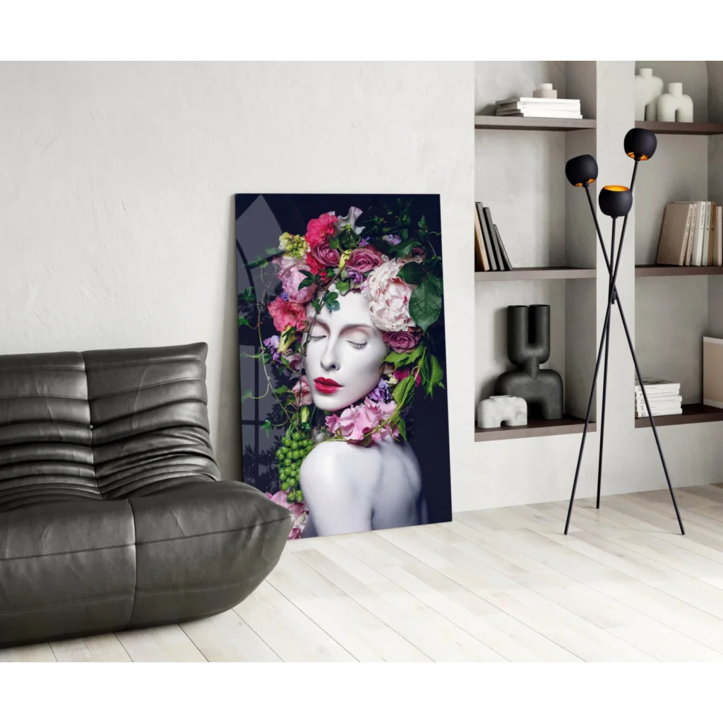 Vibrant floral crown beauty glass wall art print of woman with roses