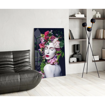 Vibrant floral crown beauty glass wall art print of woman with roses