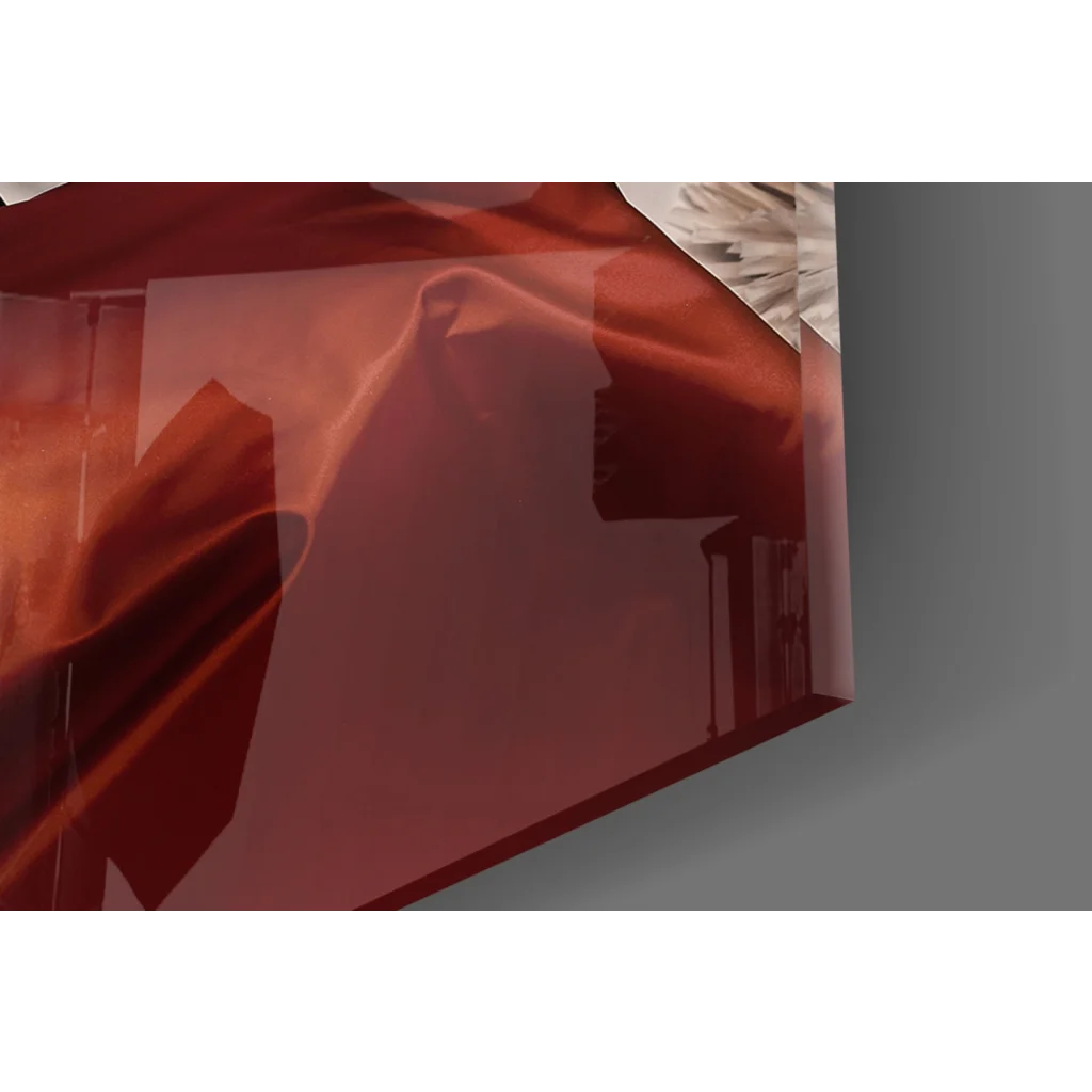 Stunning red rose lady glass wall art with translucent acrylic panel and abstract geometric shapes