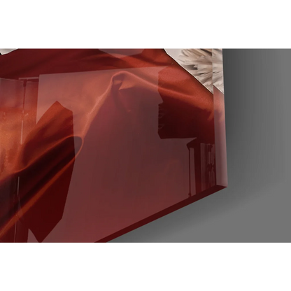 Stunning red rose lady glass wall art with translucent acrylic panel and abstract geometric shapes