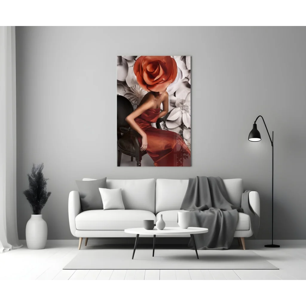 Stunning Red Rose Lady Glass Wall Art Canvas Print | Modern Wall Art Decor | vintageantiquesgifts.com