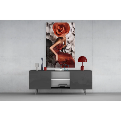 Vibrant red rose lady in crimson gown on glass wall art canvas print