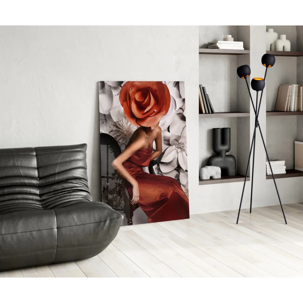 Elegant red satin lady with orange rose face in glass wall art print