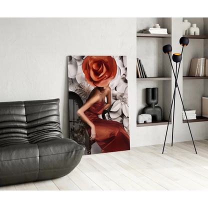 Elegant red satin lady with orange rose face in glass wall art print