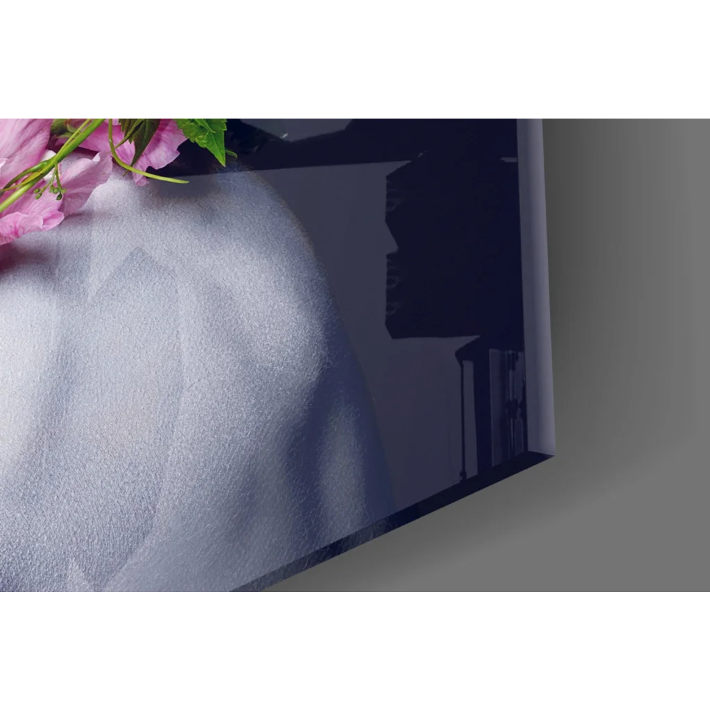 Sleek Floral Crown Beauty glass wall art with silver-gray abstract and pink flowers