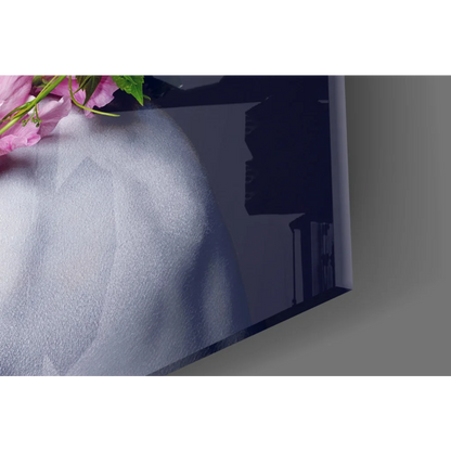 Sleek Floral Crown Beauty glass wall art with silver-gray abstract and pink flowers