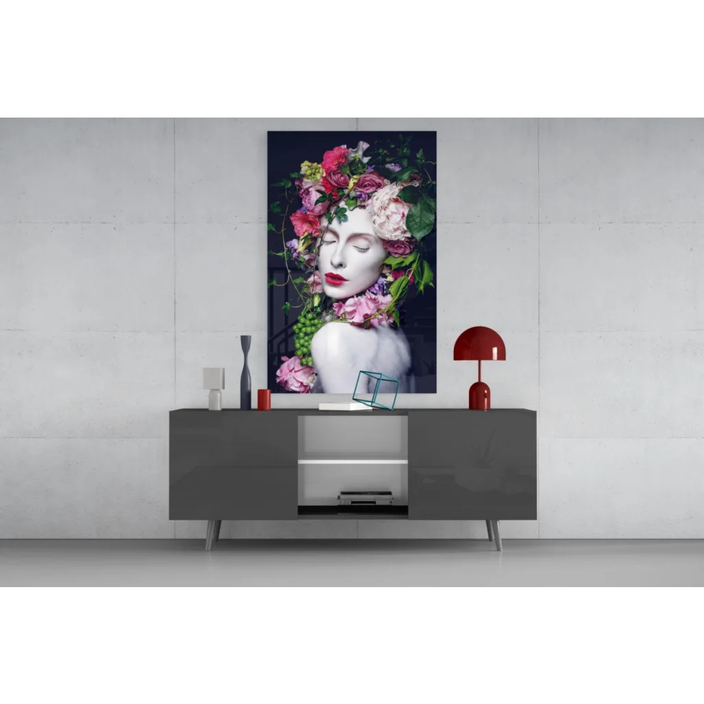 Vibrant floral crown beauty glass wall art print of woman with roses