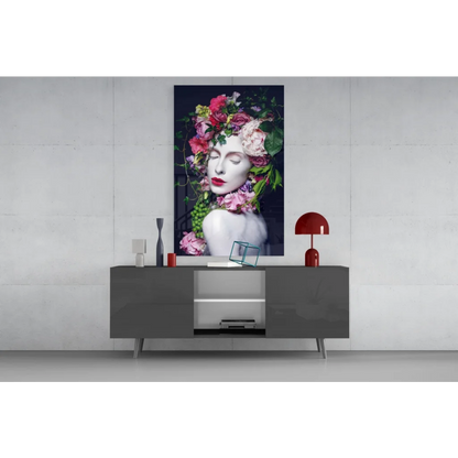 Vibrant floral crown beauty glass wall art print of woman with roses