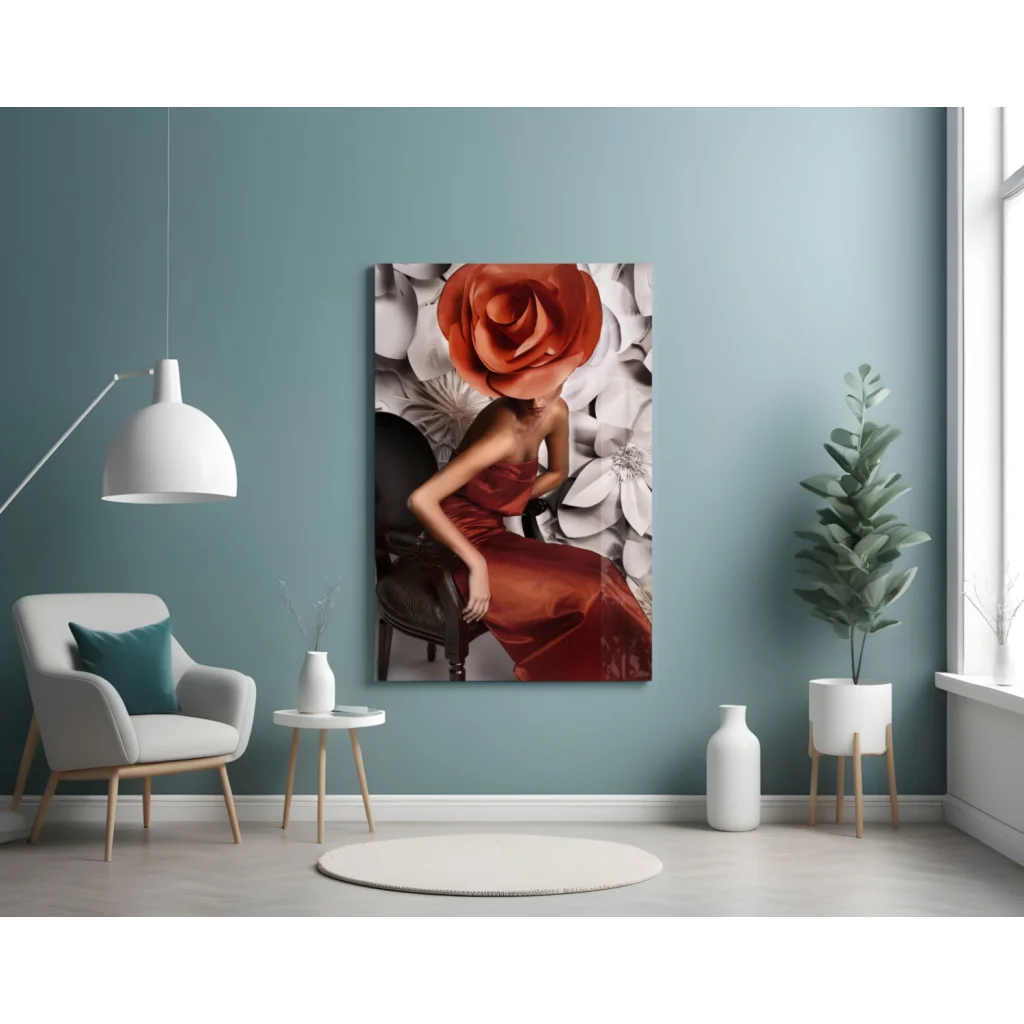Stunning Red Rose Lady Glass Wall Art Canvas Print | Contemporary Home Wall Art | vintageantiquesgifts.com