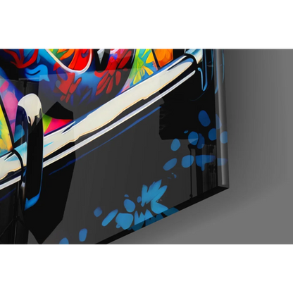 Vibrant psychedelic flower beetle graffiti on glossy black glass wall art