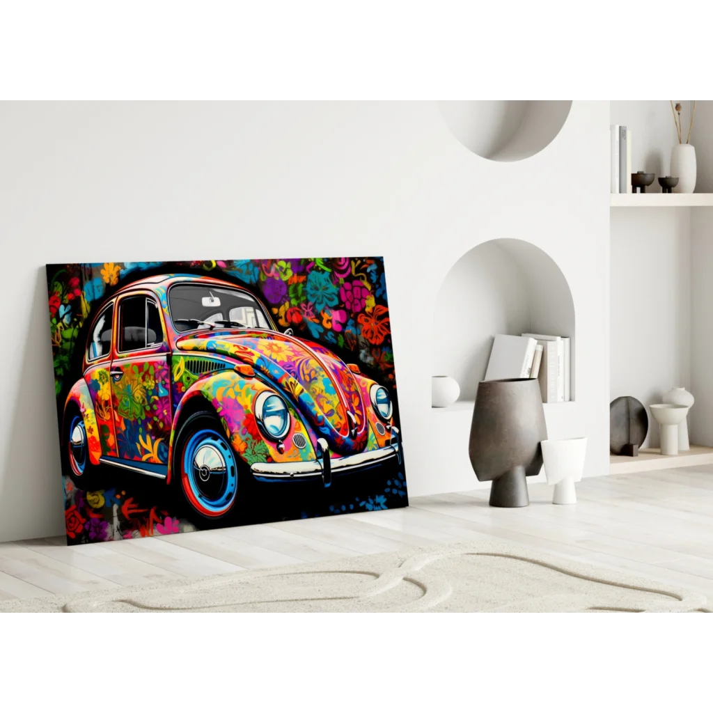Psychedelic flower Volkswagen Beetle canvas wall art print