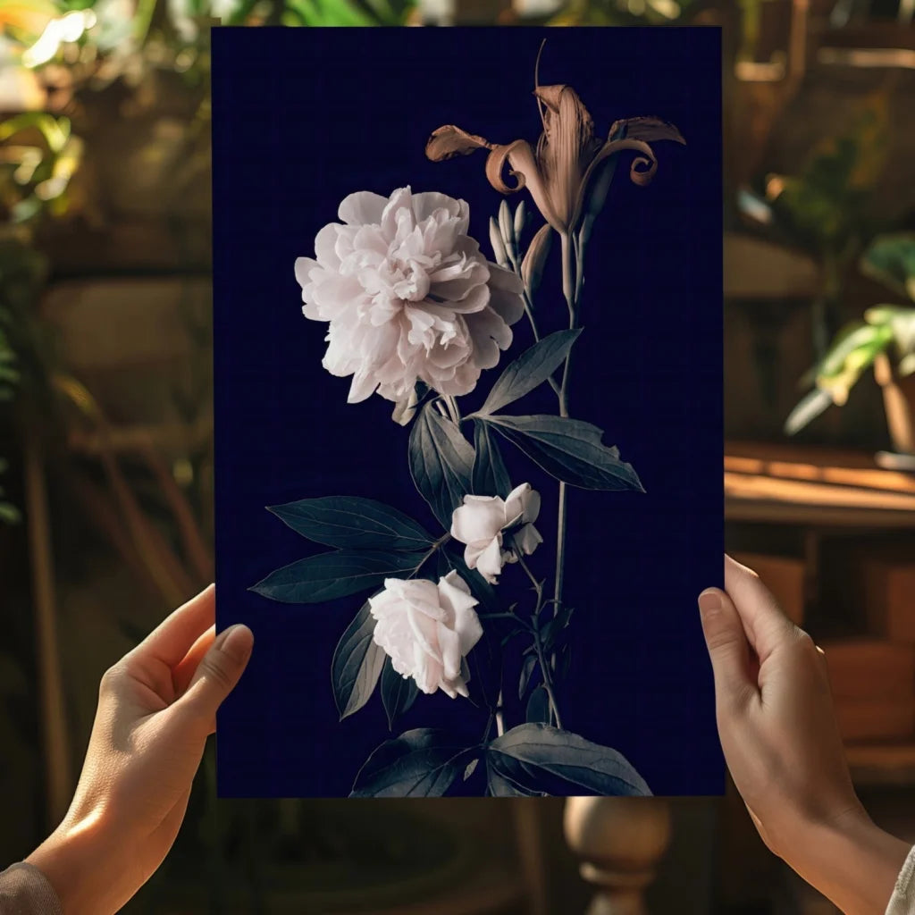 Elegant insigne aluminum prints of white peonies and lilies on navy