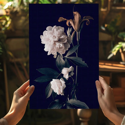 Elegant insigne aluminum prints of white peonies and lilies on navy