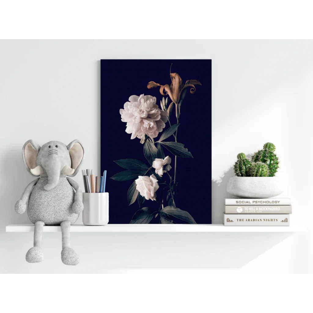 Stunning Insigne aluminum prints of pink peonies on navy background