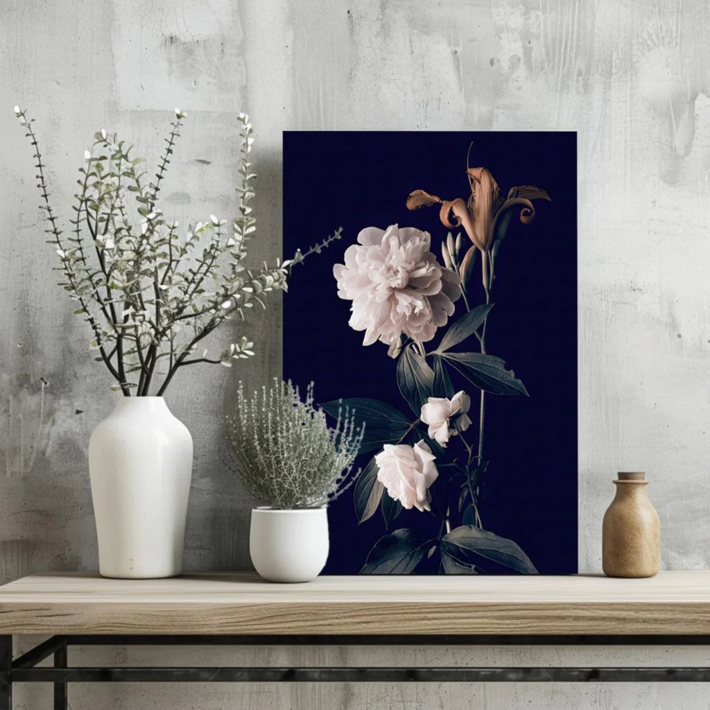 Stunning Insigne Aluminum Prints with Navy Botanical Blooms | Glass Wall Art Print | vintageantiquesgifts.com