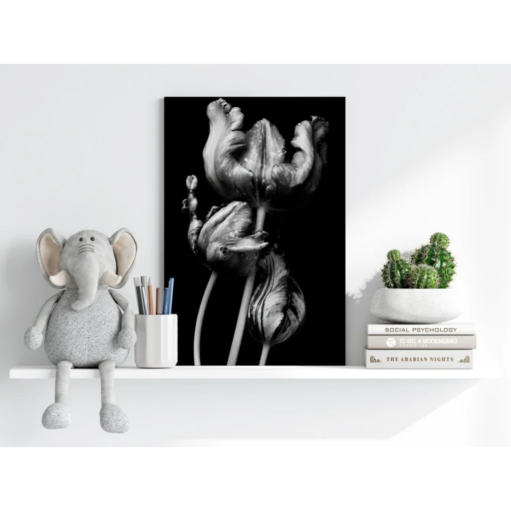 Dramatic black-and-white close-up of tulips on Insigne aluminum prints