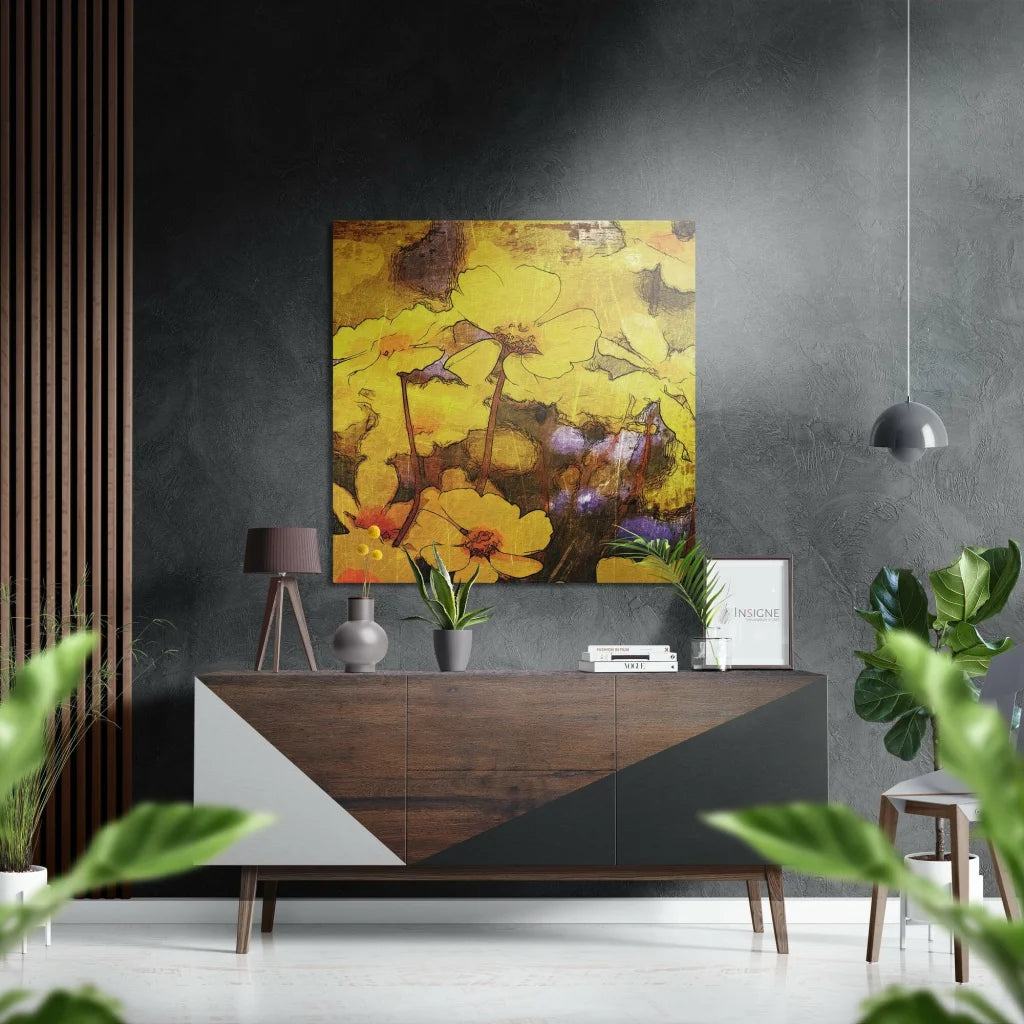 Vibrant yellow floral abstract on brushed aluminium dibond wall art