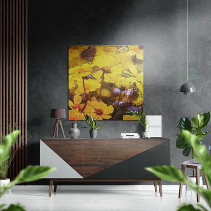 Vibrant yellow floral abstract on brushed aluminium dibond wall art