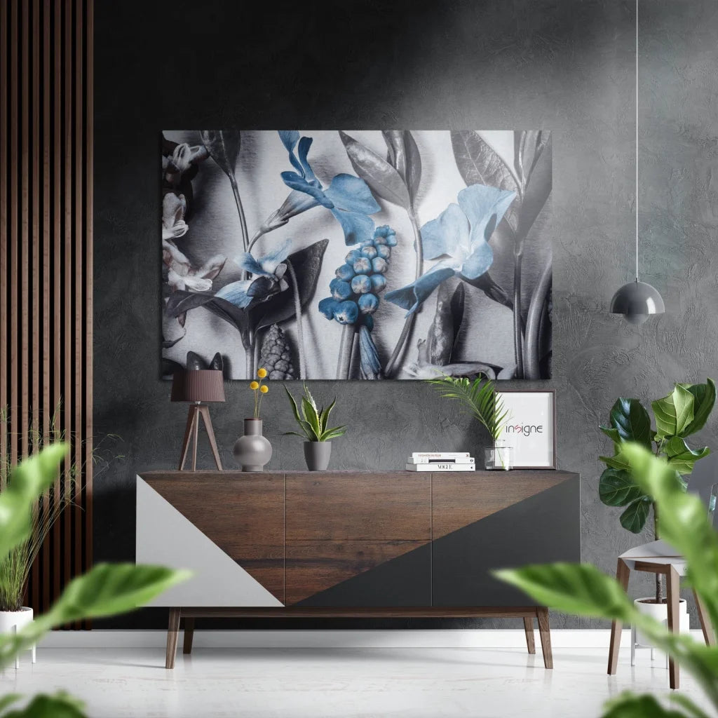 Brushed aluminium dibond abstract floral wall art with blue blossoms