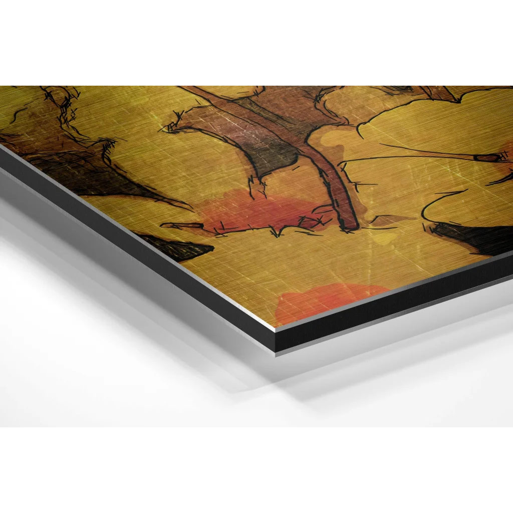 Golden abstract textured brushed aluminium dibond wall art in amber rust tones