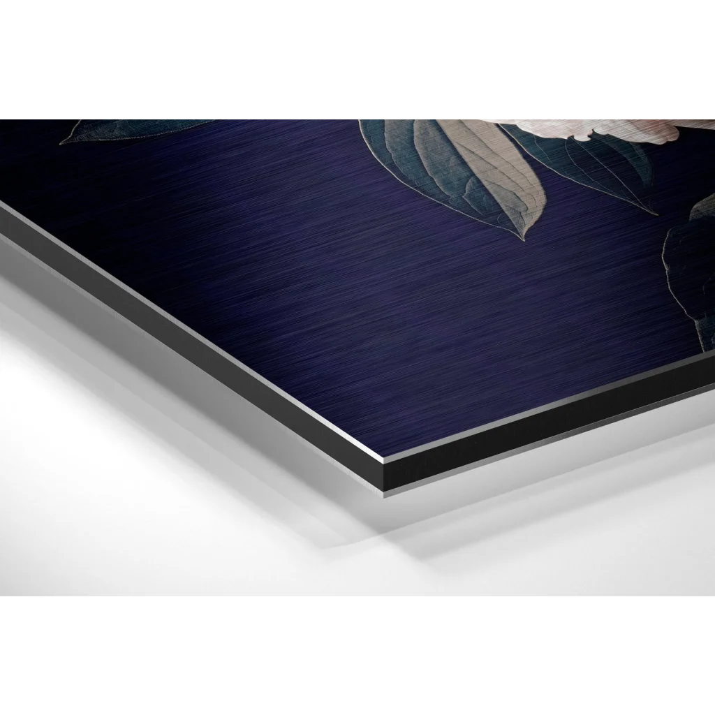 Stunning brushed aluminium dibond floral canvas wall art in dark blue frame with teal and cream leaves