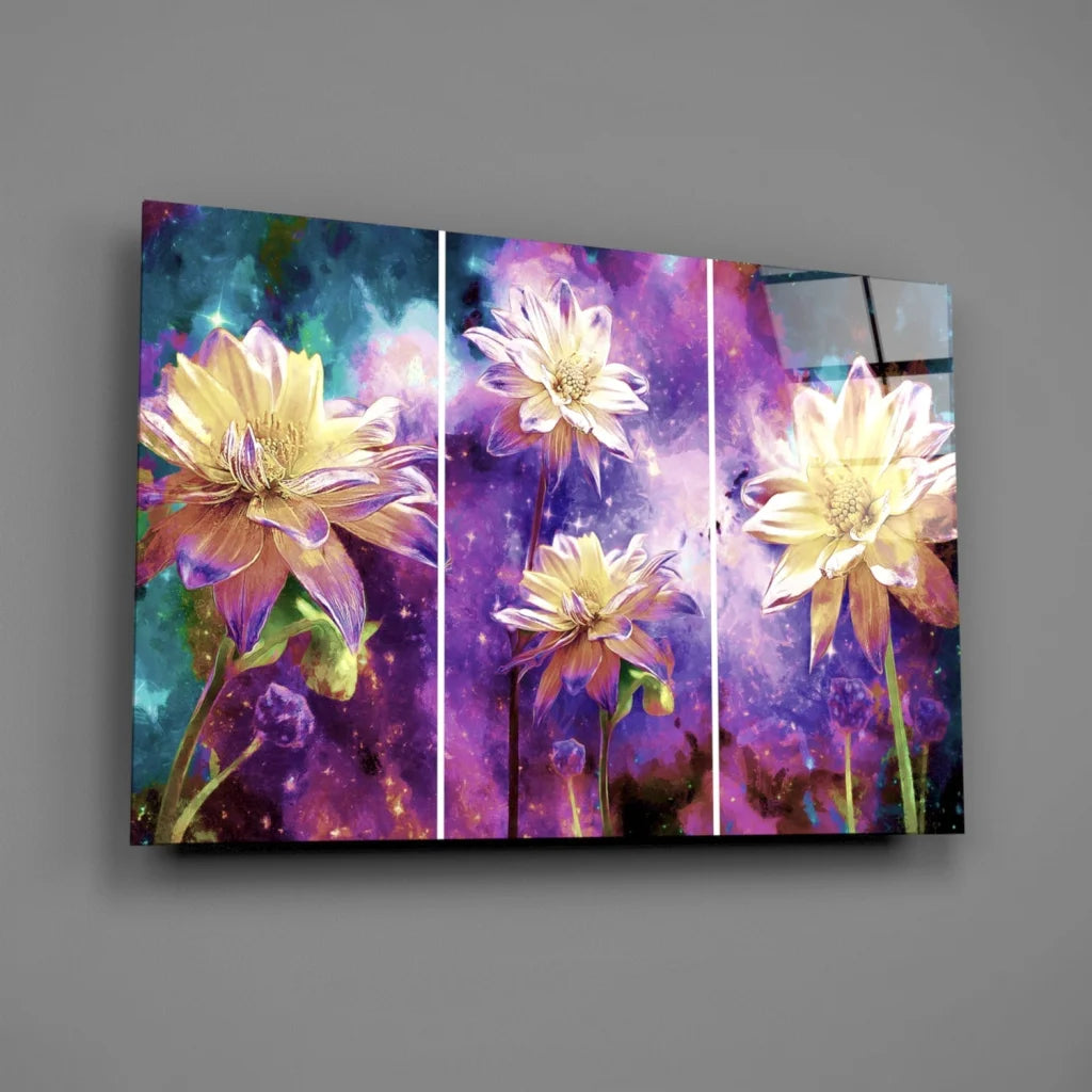 Cosmic Flower Triptych Canvas Wall Art in Purple and Yellow | Glass Wall Art Print | vintageantiquesgifts.com