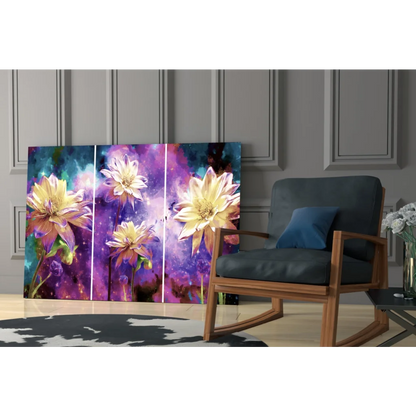 Vibrant cosmic flower triptych wall art in purple and yellow