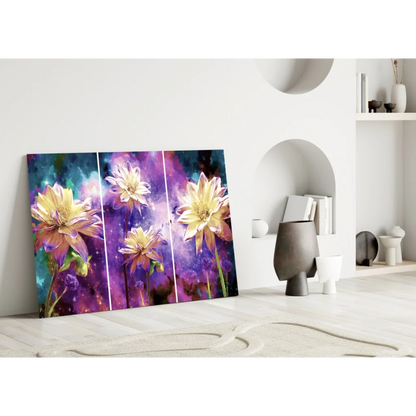 Cosmic Flower Triptych Canvas Wall Art in Purple and Yellow | Modern Wall Art Decor | vintageantiquesgifts.com