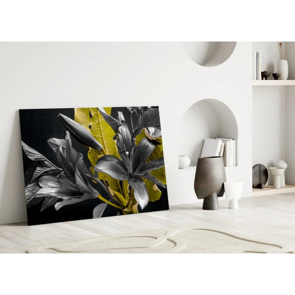 Stunning Black Yellow Lily Canvas Wall Art with Silver Accents | Modern Wall Art Decor | vintageantiquesgifts.com