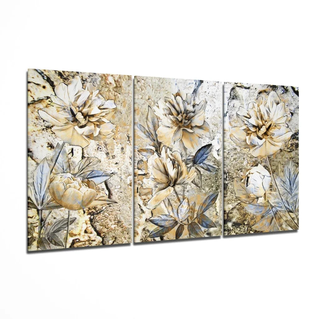 Three-panel beige peony wall art set with gold textures and stone background