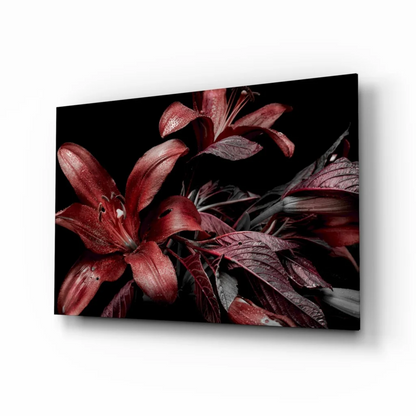 Stunning red lily glass wall art on black canvas print