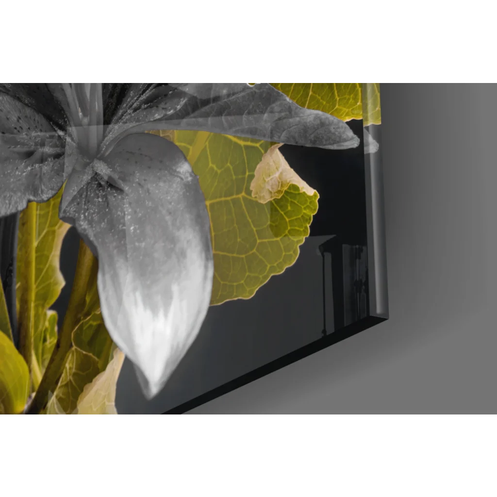 Stylized black yellow lily wall art with silver accents on canvas