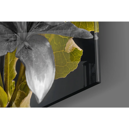Stylized black yellow lily wall art with silver accents on canvas