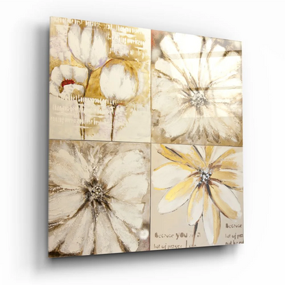 Stunning beige floral tempered glass art with gold accents