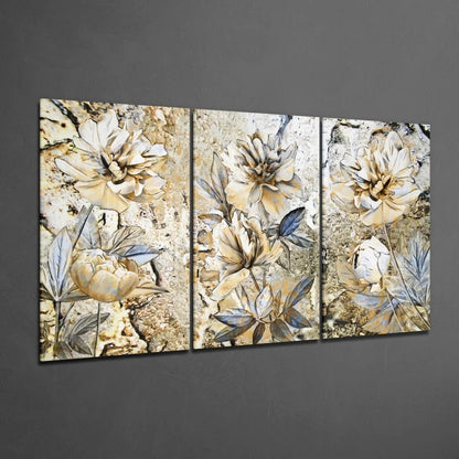 Beige and silver peony glass wall art on textured stone background