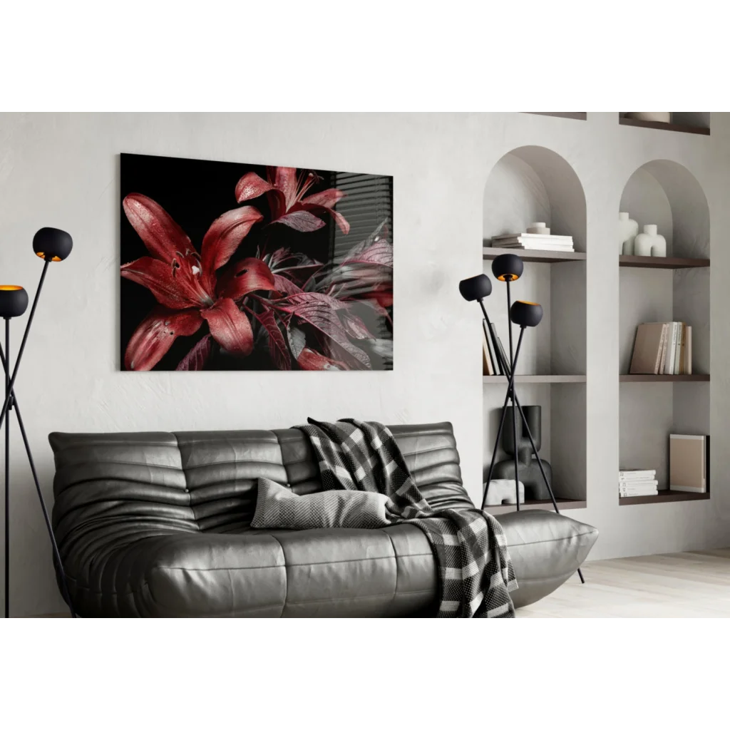 Stunning red lily glass wall art on black canvas print on white wall