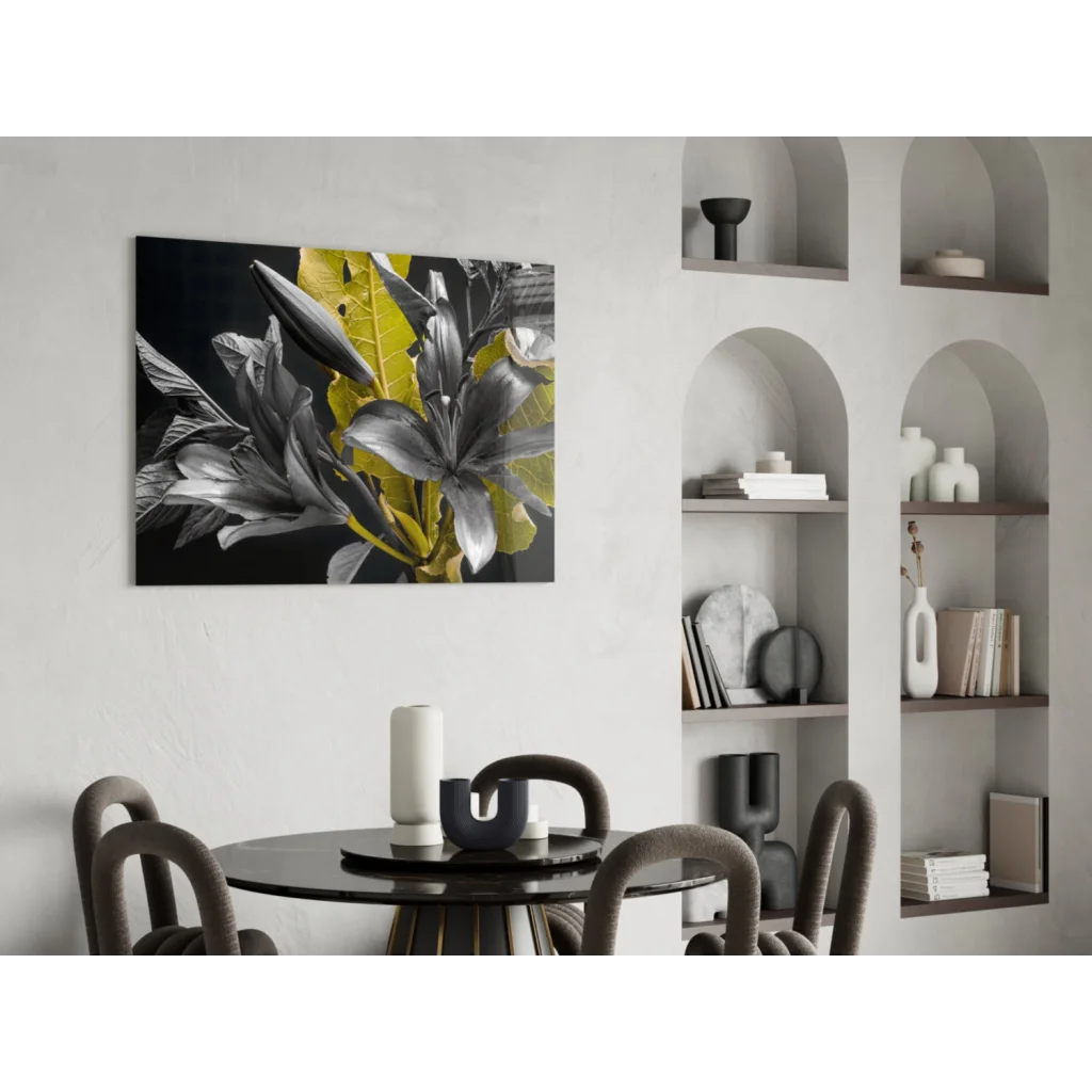 Stunning black yellow lily wall art canvas print with silver accents