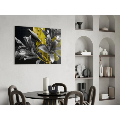 Stunning black yellow lily wall art canvas print with silver accents
