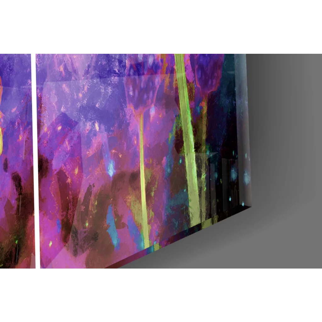 Vibrant cosmic flower triptych wall art canvas in purples, pinks, and greens