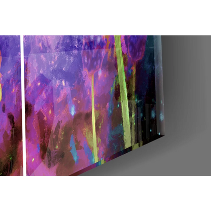 Vibrant cosmic flower triptych wall art canvas in purples, pinks, and greens